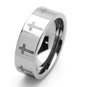 8MM Comfort Fit Tungsten Carbide Wedding Band Cross Engraved For Men 
