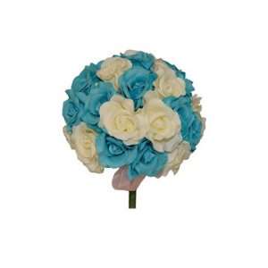  Wedding TURQUOISE and Light Ivory Silk Rose Hand Tied 36 